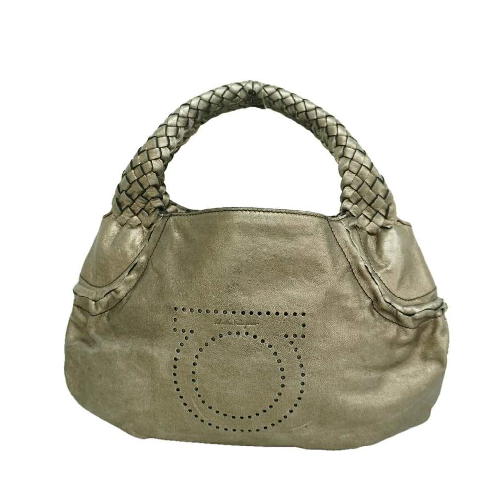 Salvatore Ferragamo Gancini Leather Handbag, Bronze Gray, Women's